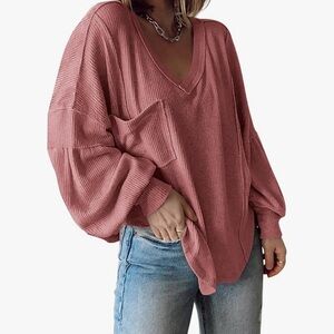 BTFBM Mauve Ribbed Women’s Long Sleeve Top Pullover V Neck Loose Fit Size XL